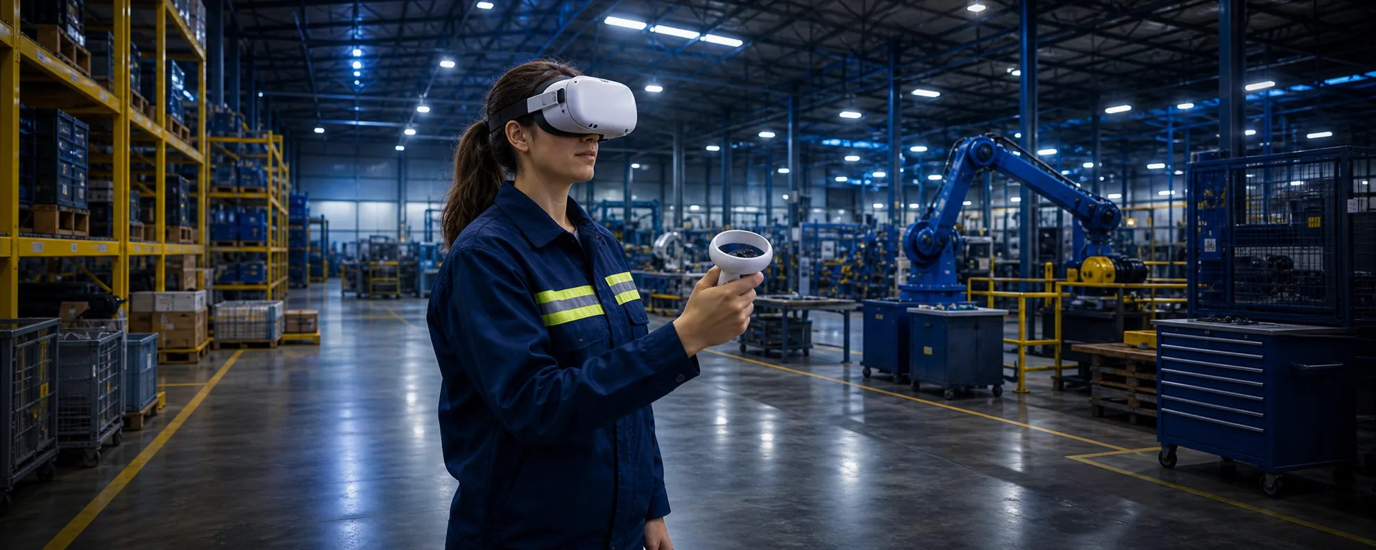 Worker using a VR headset for industrial safety training